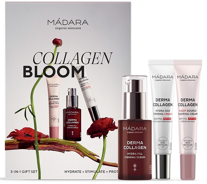 Set - Madara Cosmetics Collagen Bloom Set (Gesichtsserum 30ml + Gesichtscreme 15ml + Nachtcreme 15ml)  — Bild N1