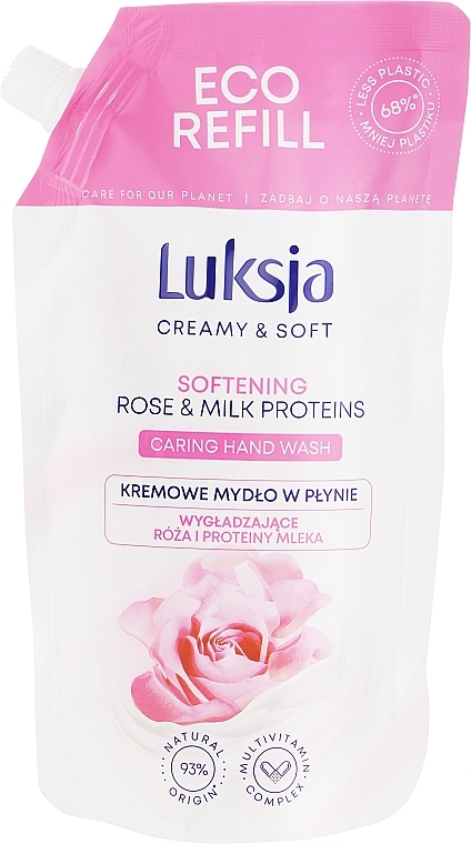 Creme-Flüssigseife mit Rosen- und Milchproteine - Luksja Creamy & Soft Softening Rose & Milk Proteins Caring Hand Wash 68 % Less Plastic (Refill)  — Bild N1