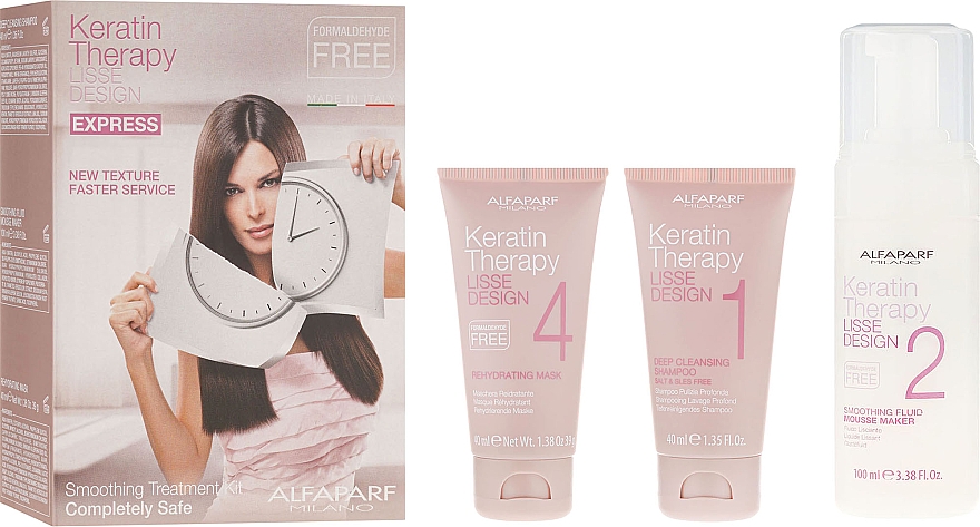 Haarpflegeset mit Keratin - Alfaparf Milano Lisse Design Keratin Therapy Smoothing Treatment Kit (Shampoo 40ml + Mousse 100ml + Haarmaske 40ml)