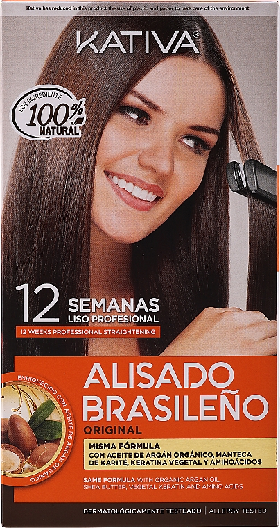 Haarpflegeset mit Keratin - Kativa Alisado Brasileno Con Glyoxylic & Keratina Vegetal Kit (Pre-Behandlung Shampoo 15ml + Behandlung zur Haarglättung 150ml + Shampoo 30ml + Conditioner 30ml + Pinsel 1St. + Handschuhe)