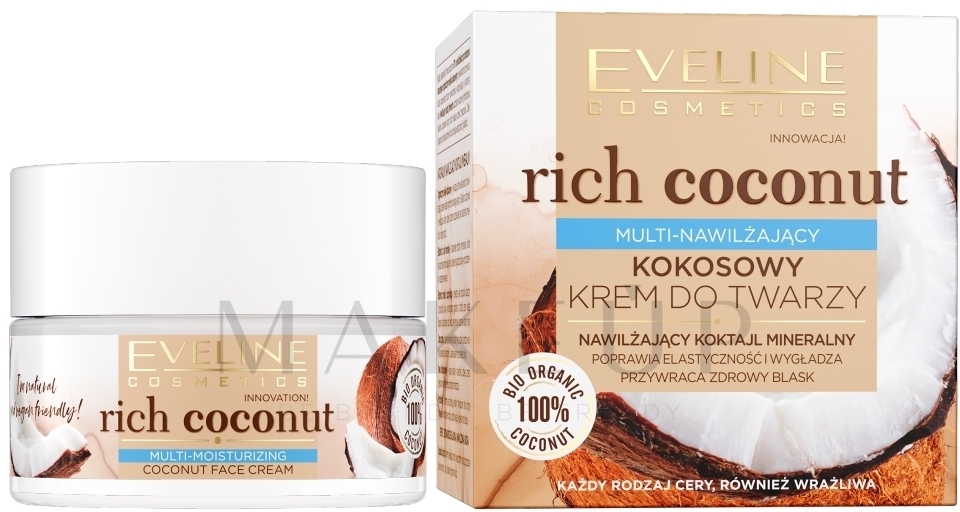 Feuchtigkeitsspendende und glättende Gesichtscreme mit Kokosnuss - Eveline Cosmetics Rich Coconut Face Cream — Bild 50 ml