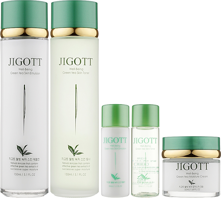 Set - Jigott Well-Being Greentea 3 Set (f/toner/150ml + f/toner/30ml + f/emulsion/150ml + f/emulsiom/30ml + f/cream/50ml) — Bild N2