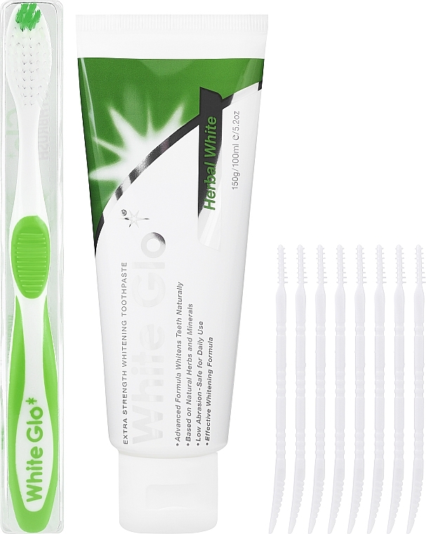 Set mit Bürste grün-weiß - White Glo Herbal White Set (t/paste/100ml + t/brush/1pc + dental/flosser) — Bild N1