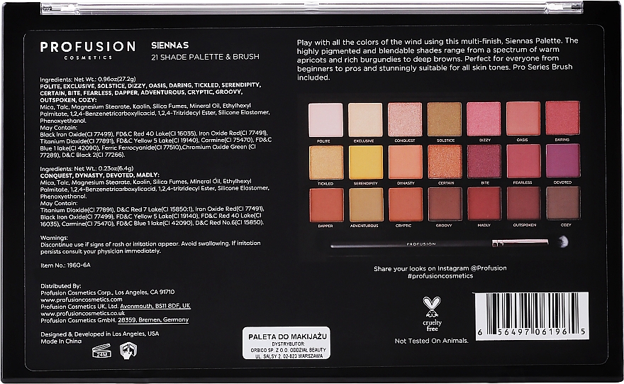 Lidschattenpalette - Profusion Cosmetics Siennas 21 Shades Eyeshadow Palette & Brush — Bild N2