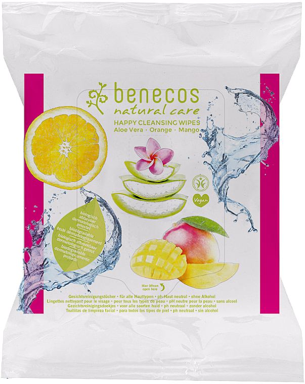 Feuchte Gesichtsreinigungstücher mit Aloe Vera, Orange und Mango für alle Hauttypen - Benecos Natural Care Happy Cleansing Wipes — Bild N1