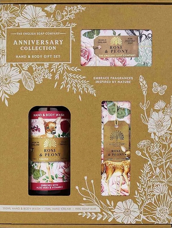 Set - The English Soap Company Anniversary Collection Rose & Peony Hand And Body Gift Box (Seife 190g + Handcreme 75ml + Duschgel 500ml) — Bild N1