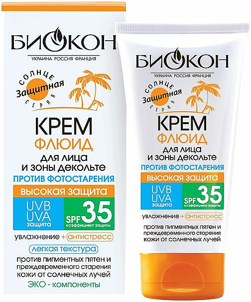 Creme-Fluid für Gesicht und Dekolleté gegen Pigmentflecken und Lichtalterung der Haut SPF 35 - Biokon Sonnenschutz-Serie