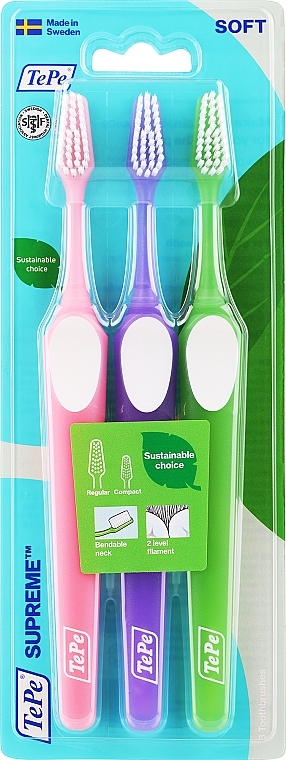 Zahnbürsten-Set rosa, lila, grün  - Tepe Supreme Soft	 — Bild N1