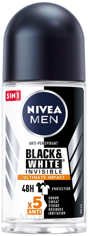 5in1 Deo Roll-on Antitranspirant - Nivea Men Black & White Invisible Ultimate Impact 5in1 Roll-On — Bild 50 ml