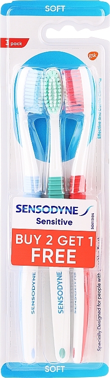 Zahnbürsten-Set, 3 Stück, blau + grün + rot - Sensodyne Sensitive Zahnbürste 2+1 Pack — Bild N1