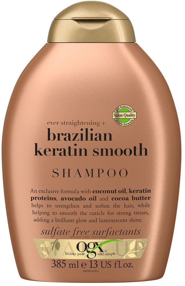 Shampoo mit Kokosnussöl, Keratinproteinen, Avocadoöl und Kakaobutter - OGX Brazilian Keratin Shampoo — Bild 385 ml