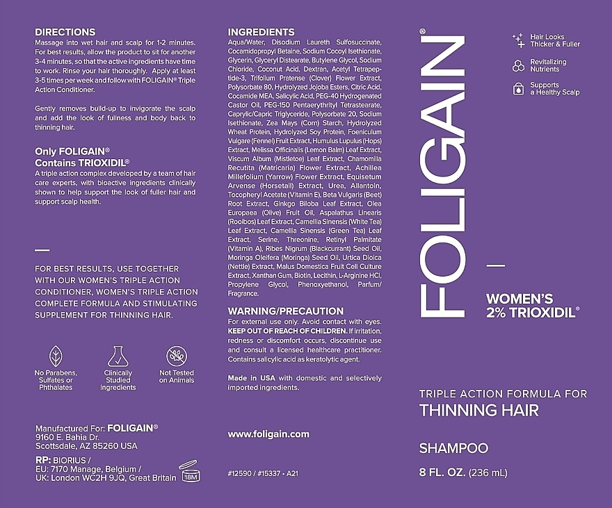 Anti-Haarausfall-Shampoo für Frauen - Foligain Women's Triple Action Shampoo For Thinning Hair — Bild N3