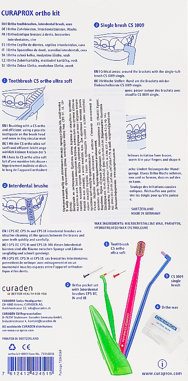 Zahnpflegeset für Bracketträger Ortho Kit - Curaprox (Zahnbüste 1St. + Interdentalzahnbürste 07,14,18 3St, + Einbüschelbürste 1St. + Ortho-Wachs 1St. + Aufbewahrungsbox) — Bild N2