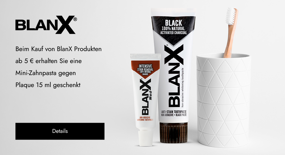 Beim Kauf von BlanX Produkten ab 5 € erhalten Sie eine Mini-Zahnpasta gegen Plaque 15 ml geschenkt