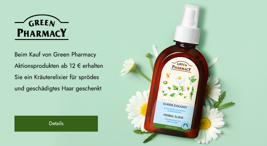 Beim Kauf von Green Pharmacy Aktionsprodukten ab 12 € erhalten Sie ein Kräuterelixier für sprödes und geschädigtes Haar geschenkt