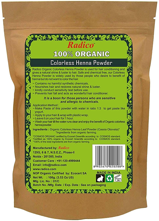 Farbloses Henna für Haare - Radico Organic Colorless Henna Powder — Bild N2