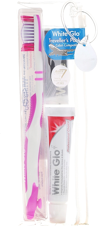 Set - White Glo Travel Pack (Zahnpasta 24g + Rosa Zahnbürste 1 St. + Zahnseide-Sticks 8 St.) — Bild N1