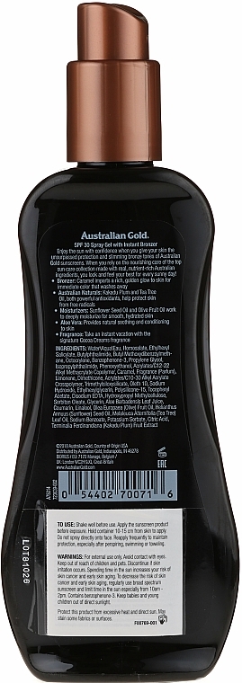 Sonnenschutzspray-Gel mit Bronzer SPF 30 - Australian Gold Protetor Solar Gel Spray Bronzeador SPF30 — Bild N2