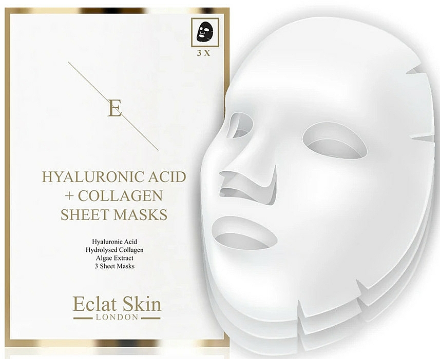 Feuchtigkeitsspendende Anti-Aging Tuchmaske für das Gesicht mit Hyaluronsäure, Kollagen und Algenextrakt - Eclat Skin London Hyaluronic Acid & Collagen Sheet Masks — Bild N1