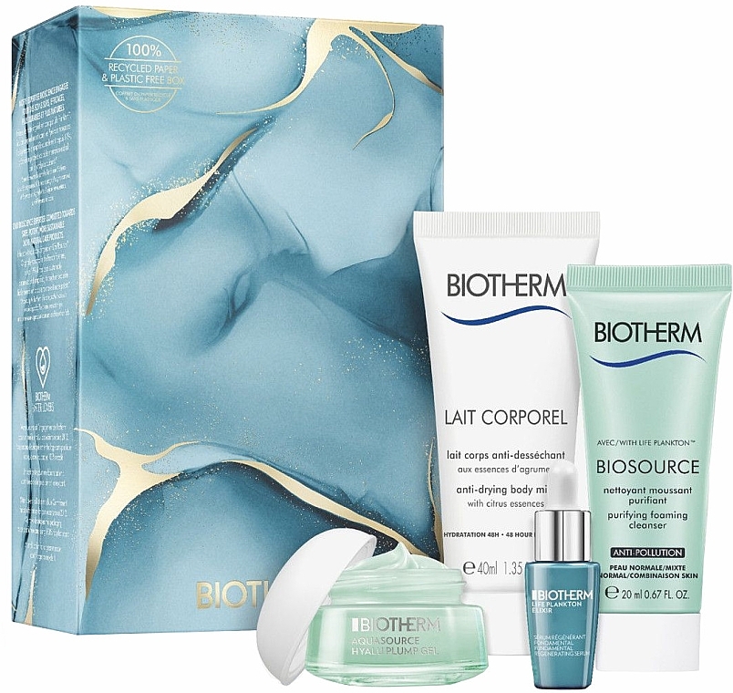 Gesichts- und Körperpflegeset - Biotherm Aquasource ( Feuchtigkeitsgel für das Gesicht 15ml + Regenerierendes Gesichtsserum 7ml + Duschmilch 40ml + Gesictswaschschaum für normale und Mischhaut 20ml) — Bild N1