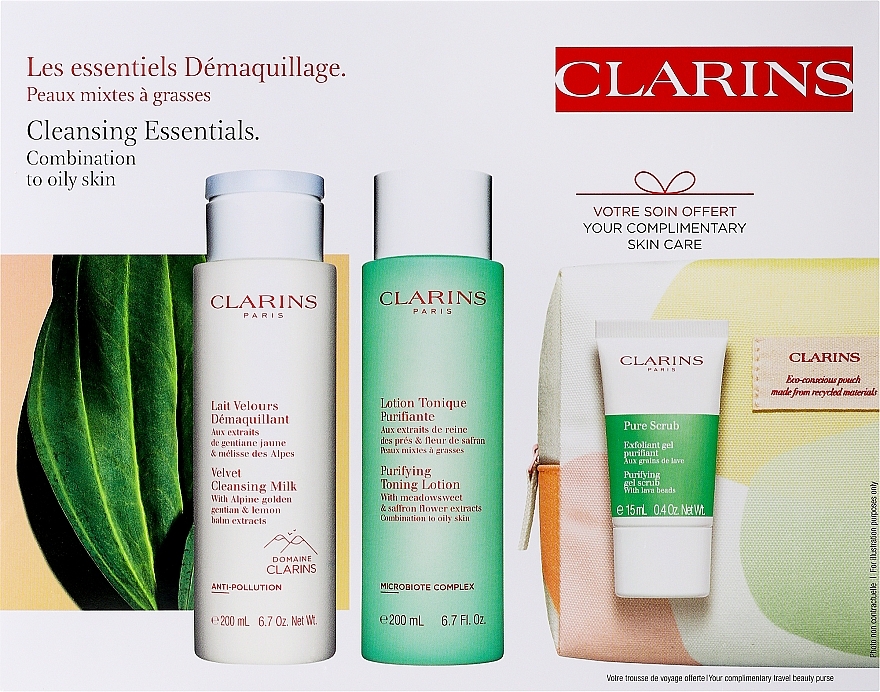 Gesichtspflegeset - Clarins Cleansing Bag Combination & Oily Skin (Reinigungsmilch 200ml + Gesichtslotion 200ml + Gesichtspeeling 15ml + Kosmetiktasche 1 St.)  — Bild N1