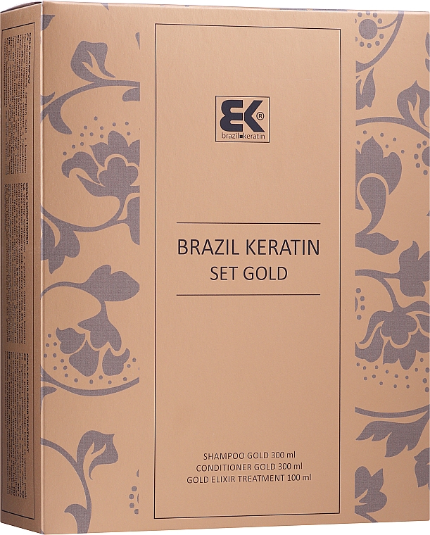 Haarpflegeset - Brazil Keratin Anti Frizz Gold (Shampoo 300ml + Conditioner 300ml + Haarelixier 100ml)