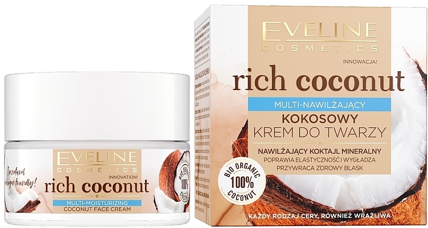 Feuchtigkeitsspendende und glättende Gesichtscreme mit Kokosnuss - Eveline Cosmetics Rich Coconut Face Cream — Bild N1