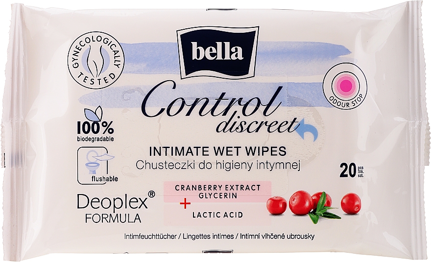 Intimpflegetücher mit Cranberry-Extrakt und Milchsäure 20 St. - Bella Control Discreet intimate Wet Wipes — Bild N1