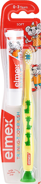 Kinderzahnbürste 0-3 Jahren weich gelb mit Gi­raf­fen - Elmex Learn Toothbrush Soft + Toothpaste 12ml — Bild N1