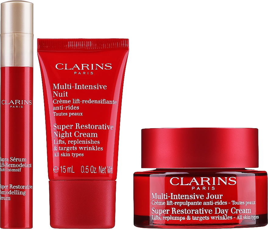 Gesichtspflegeset - Clarins VP Super Restorative HLY 2022 (Creme 50ml + Creme 15ml + Serum 10ml + Kosmetiktasche 1 St.) — Bild N2