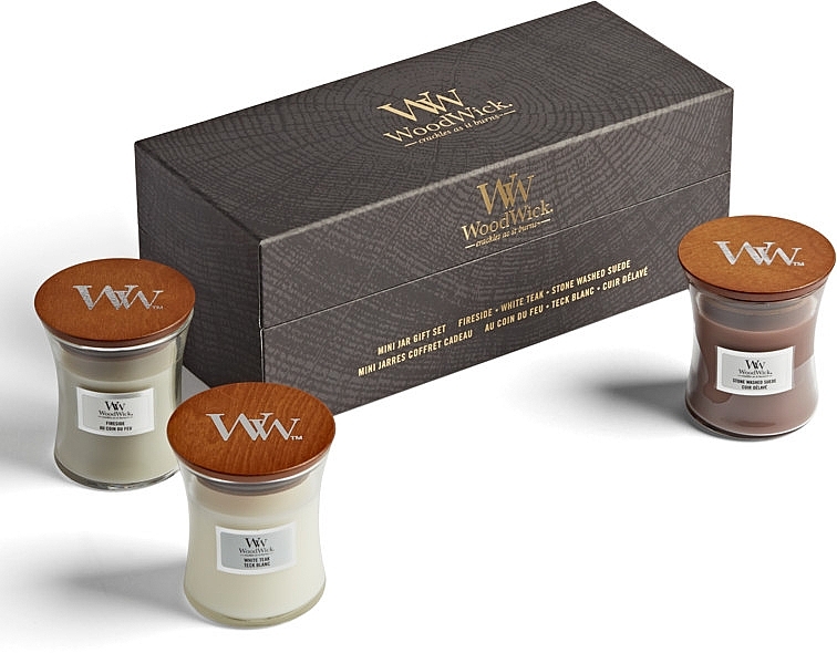 Kerzenset - WoodWick 3 Mini Jar Set Fireside x White Teak x Sand & Driftwood (Duftkerze 3x85g) — Bild N3