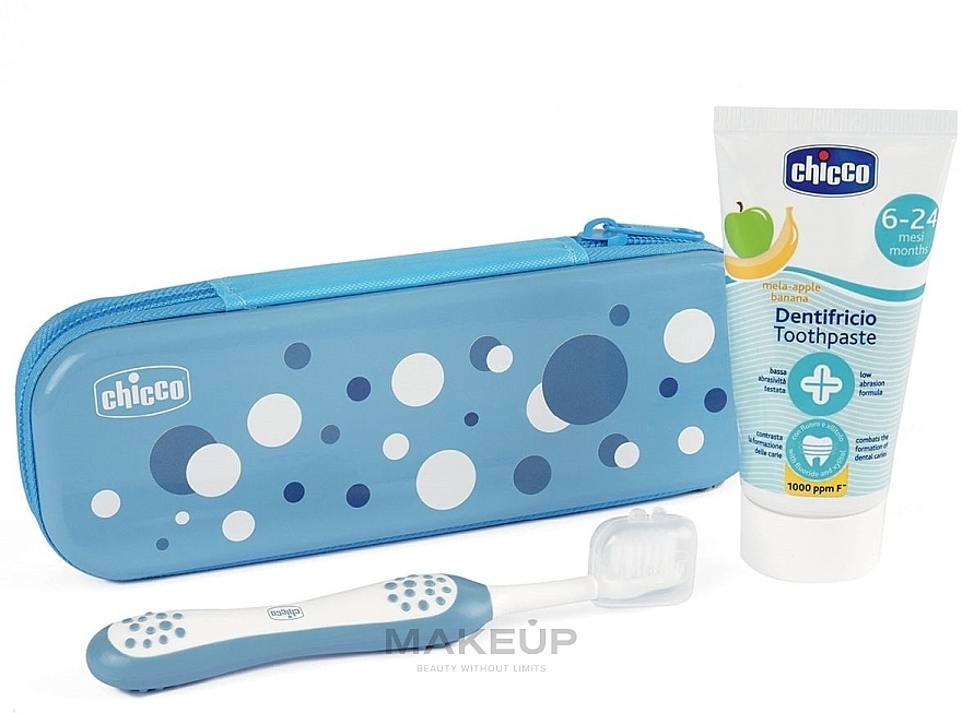 Reise-Set für Kinder 6-34 Monate blau - Chicco First Milk Teeth (Zahnbürste 1 St. + Zahnpasta 50ml + Kosmetiktasche 1 St.) — Bild N1