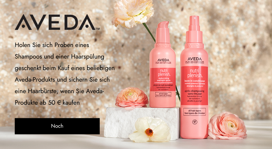 Holen Sie sich Proben eines Shampoos und einer Haarspülung geschenkt beim Kauf eines beliebigen Aveda-Produkts und sichern Sie sich eine Haarbürste, wenn Sie Aveda-Produkte ab 50 € kaufen