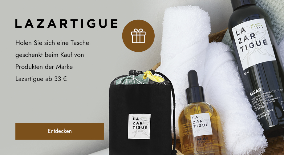 Beim Kauf von Produkten der Marke Lazartigue ab 33 € erhalten Sie eine Tasche geschenkt und können eine kostenlose Probe wählen