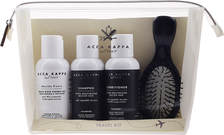 Reiseset für das Haar - Acca Kappa White Moss (Shampoo 100ml + Duschgel 100ml + Conditioner 100ml + Haarbürste + Kosmetiktasche) — Bild N1