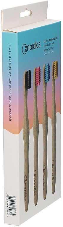 Zahnbürsten aus Bambus mit schwarzen, rosa, blauen und gelben Borsten 4 St. - Nordics Aadult Bamboo Toothbrushes — Bild N2