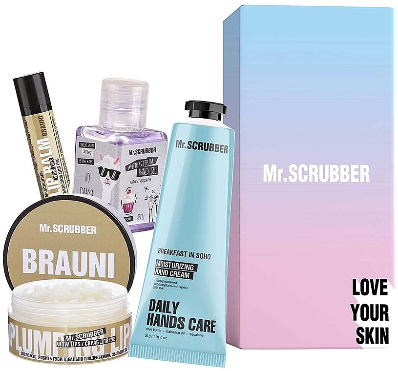 Set - Mr.Scrubber Sweet Brauni (lip/balm/5g + lip/scrub/50ml + h/cr/50ml + sanitizer/30ml) — Bild N1