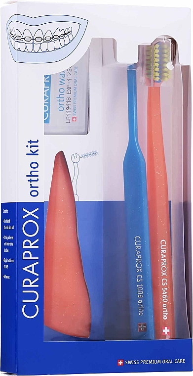 Zahnpflegeset für Spangenträger, Variante 20 (orange, blau) - Curaprox Ortho Kit (Zahnbürste 1St. + Interdentalbürsten 07,14,18 mit Plastikhalter 3 St. + Aufbewahrungsbox 1 St. + Einbüschelbürste 1St. + Ortho-Wachs 1St.) — Bild N1