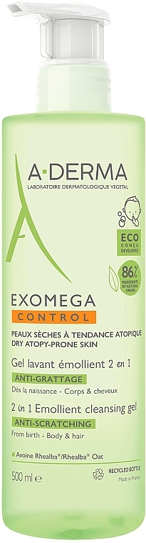 2in1 Weichmachendes Reinigungsgel für Körper und Haare für trockene und atopische Haut - A-Derma Exomega Control Emollient Cleansing Gel 2in1 — Bild N1