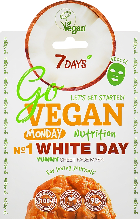 Nährende Tuchmaske für das Gesicht mit Kokosnussextrakt, Hafer-, Mandel- und Avocadoöl - 7 Days Go Vegan Monday White Day — Bild N1