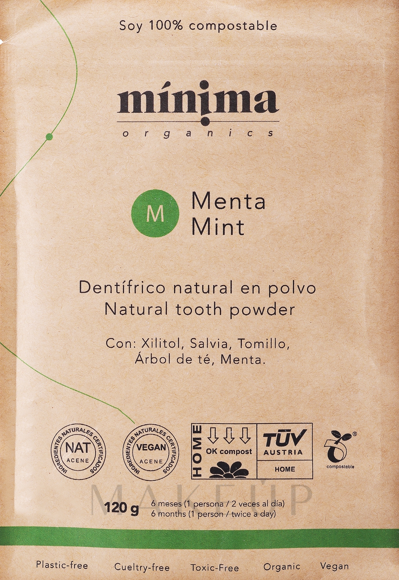 Natürliches Zahnpulver mit Minze in kompostierbarer Papiertüte - Minima Organics Natural Tooth Powder — Bild 120 g