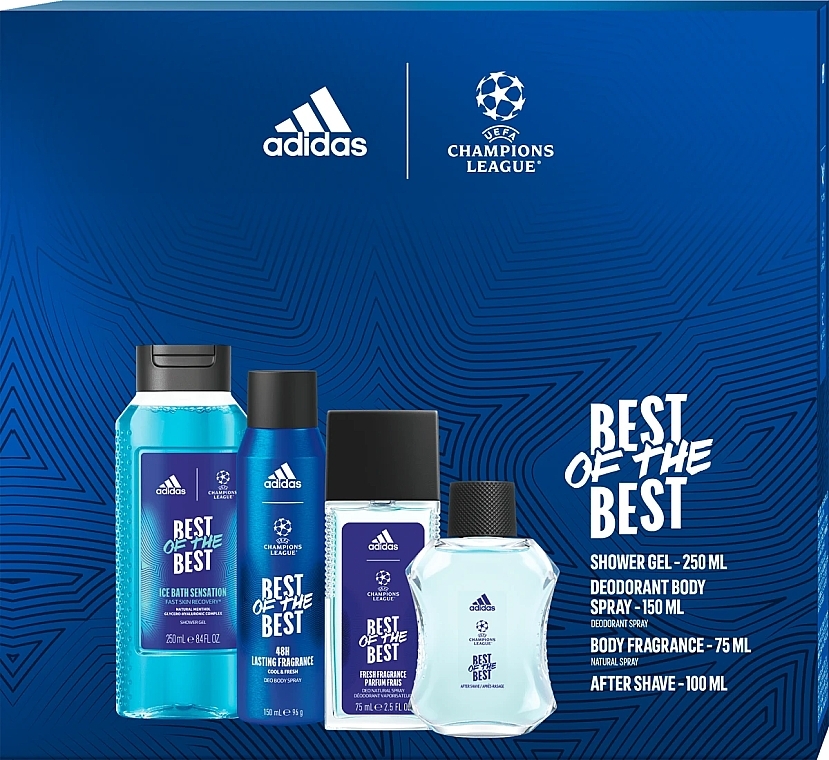 Adidas UEFA 9 Best Of The Best - Duftset (After Shave Lotion /100 ml + Deospray /150 ml + Parfümiertes Körperspray /75 ml + Duschgel /250 ml) — Bild N1