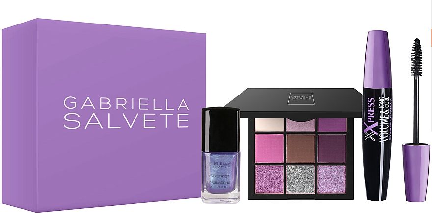 Gabriella Salvete Gift Box Violet (Mascara für lange und voluminöse Wimpern 11ml + Lidschattenpalette 9g + Langanhaltender Nagellack 11ml) - Make-up Set  — Bild N1