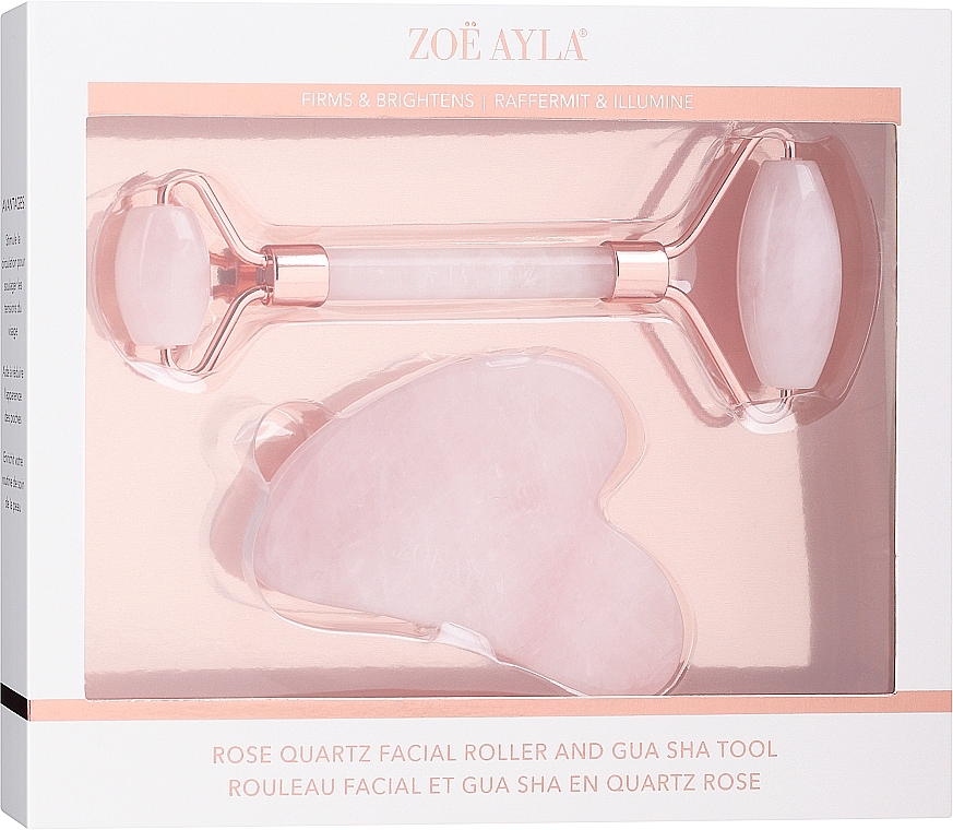 Gesichtsmassageset aus Rosenquarz: Massageroller und Gua Sha Massageplatte - Zoe Ayla Rose Quartz Roller & Gua Sha — Bild N1