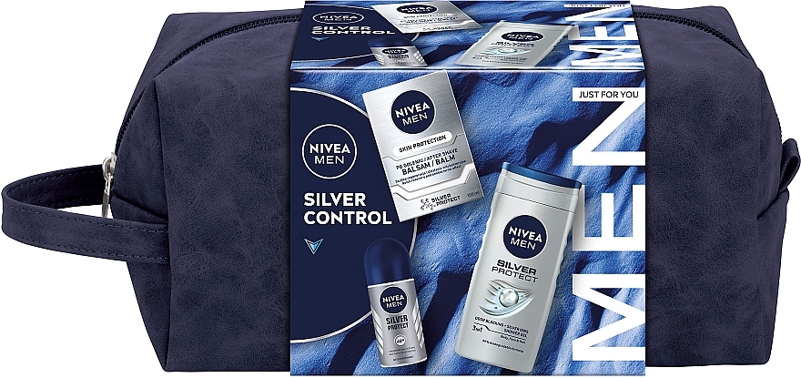 Set - NIVEA MEN Silver Control 2024 (Aftershave Balsam/100 ml + Deodorant/50 ml + Duschgel/250 ml + Kosmetiktasche) — Bild N1