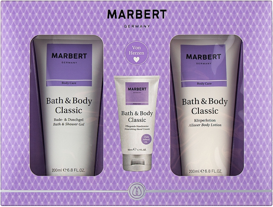 Marbert Bath & Body Classic - Körperpflegeset (Bade- und Duschgel 200ml + Pflegende Handcreme 50ml + Körperlotion 200ml) — Bild N1