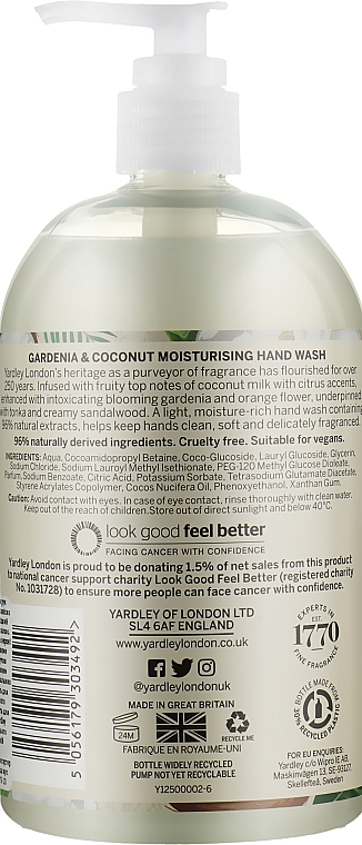 Feuchtigkeitsspendende Flüssigseife für die Hände mit Gardenia und Kokosnuss - Yardley Gardenia & Coconut Moisturising Hand Wash — Bild N2