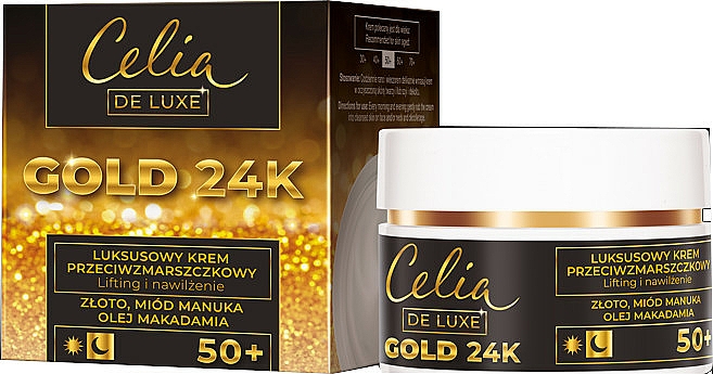 Luxuriöse feuchtigkeitsspendende Anti-Falten Lifting-Gesichtscreme mit 24K Gold, Manuka-Honig und Macadamiaöl 50+ - Celia De Luxe Gold 24k