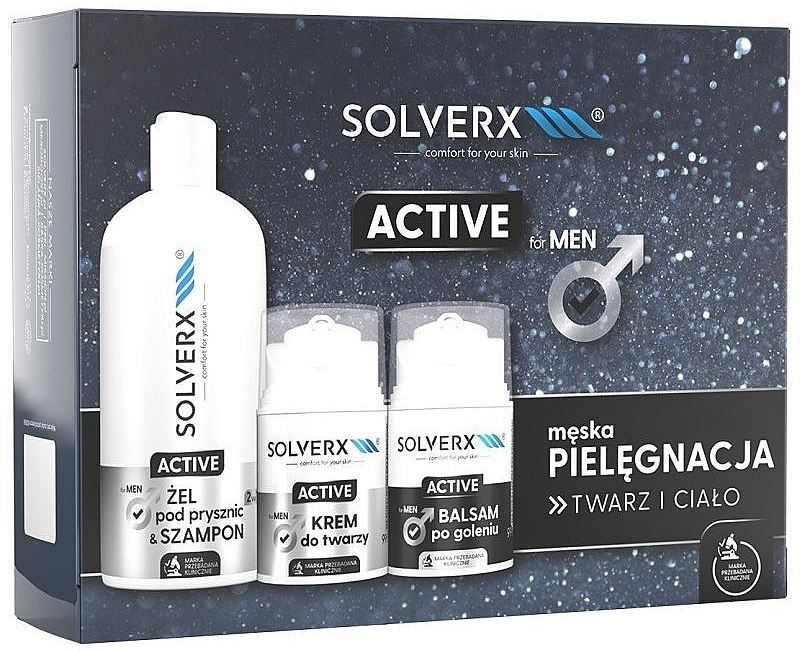 Gesichtspflegeset - Solverx Men Active (After Shave Balsam 50ml + Gesichtscreme 50ml + Duschgel 400ml)  — Bild N1