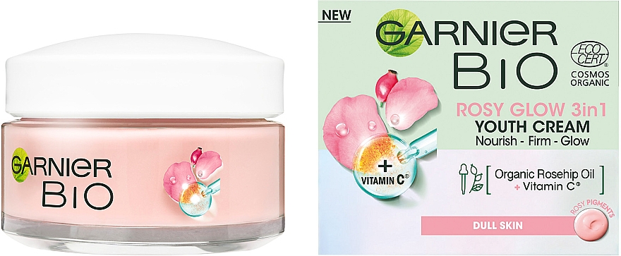 Revitalisierende und aufhellende Gesichtscreme mit Hagebuttenöl für fahle Haut - Garnier Bio Rosy Glow 3in1 Youth Cream — Bild N1
